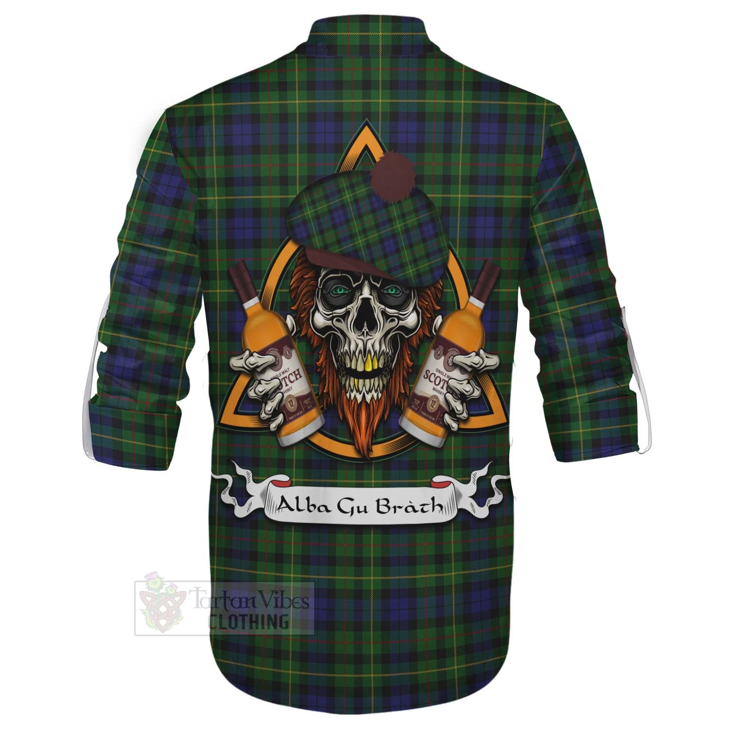 Tartan Vibes Clothing Rollo Tartan Ghillie Kilt Shirt with Family Crest and Bearded Skull Holding Bottles of Whiskey