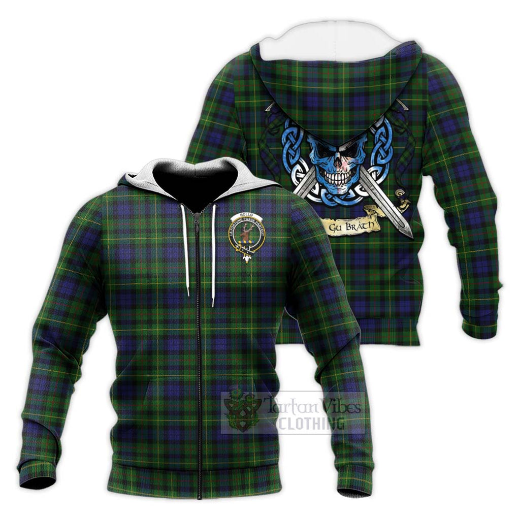 Tartan Vibes Clothing Rollo Tartan Knitted Hoodie with Family Crest Celtic Skull Style
