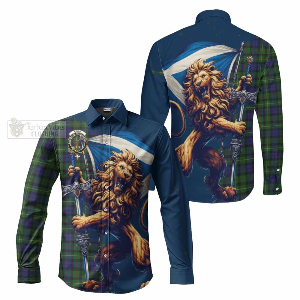 Tartan Vibes Clothing Rollo Tartan Family Crest Long Sleeve Button Shirt with Scottish Majestic Lion