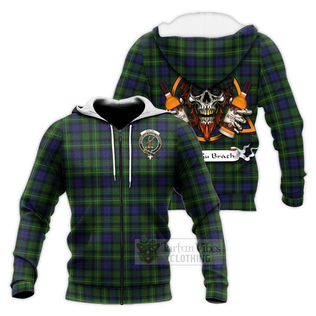 Tartan Vibes Clothing Rollo Tartan Knitted Hoodie with Family Crest and Bearded Skull Holding Bottles of Whiskey