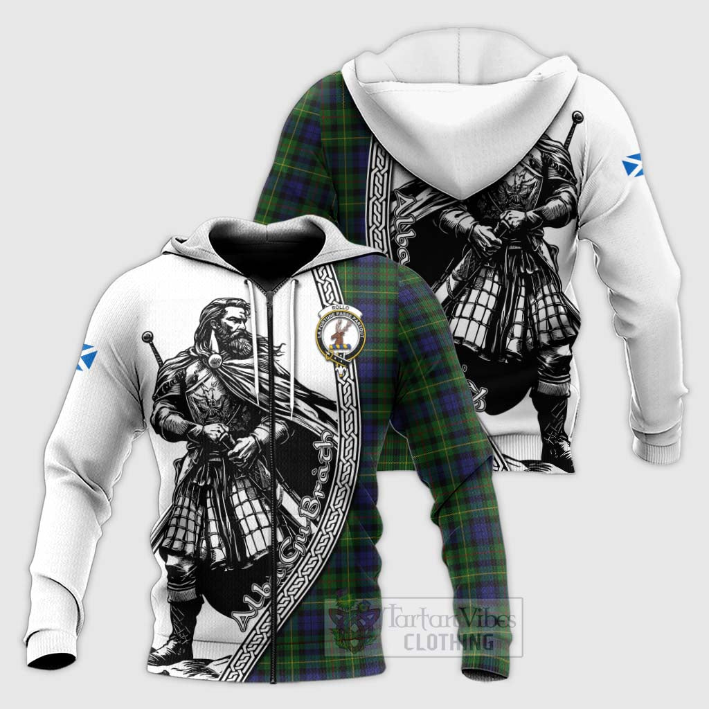 Tartan Vibes Clothing Rollo Tartan Clan Crest Knitted Hoodie with Highlander Warrior Celtic Style