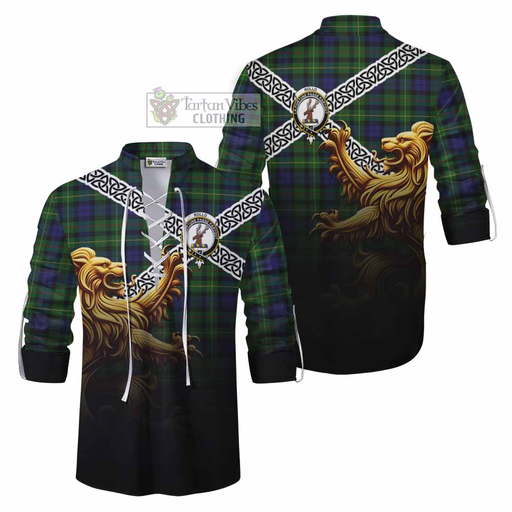 Tartan Vibes Clothing Rollo Crest Tartan Ghillie Kilt Shirt with Golden Lion Emblem Celtic Style