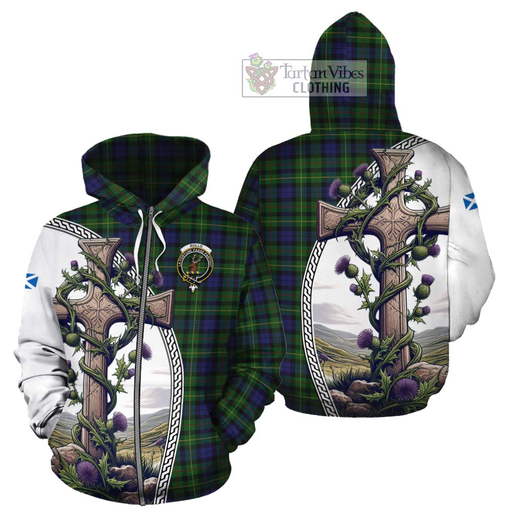 Tartan Vibes Clothing Rollo Tartan Cotton Hoodie with Family Crest and St. Andrew's Cross Accented by Thistle Vines