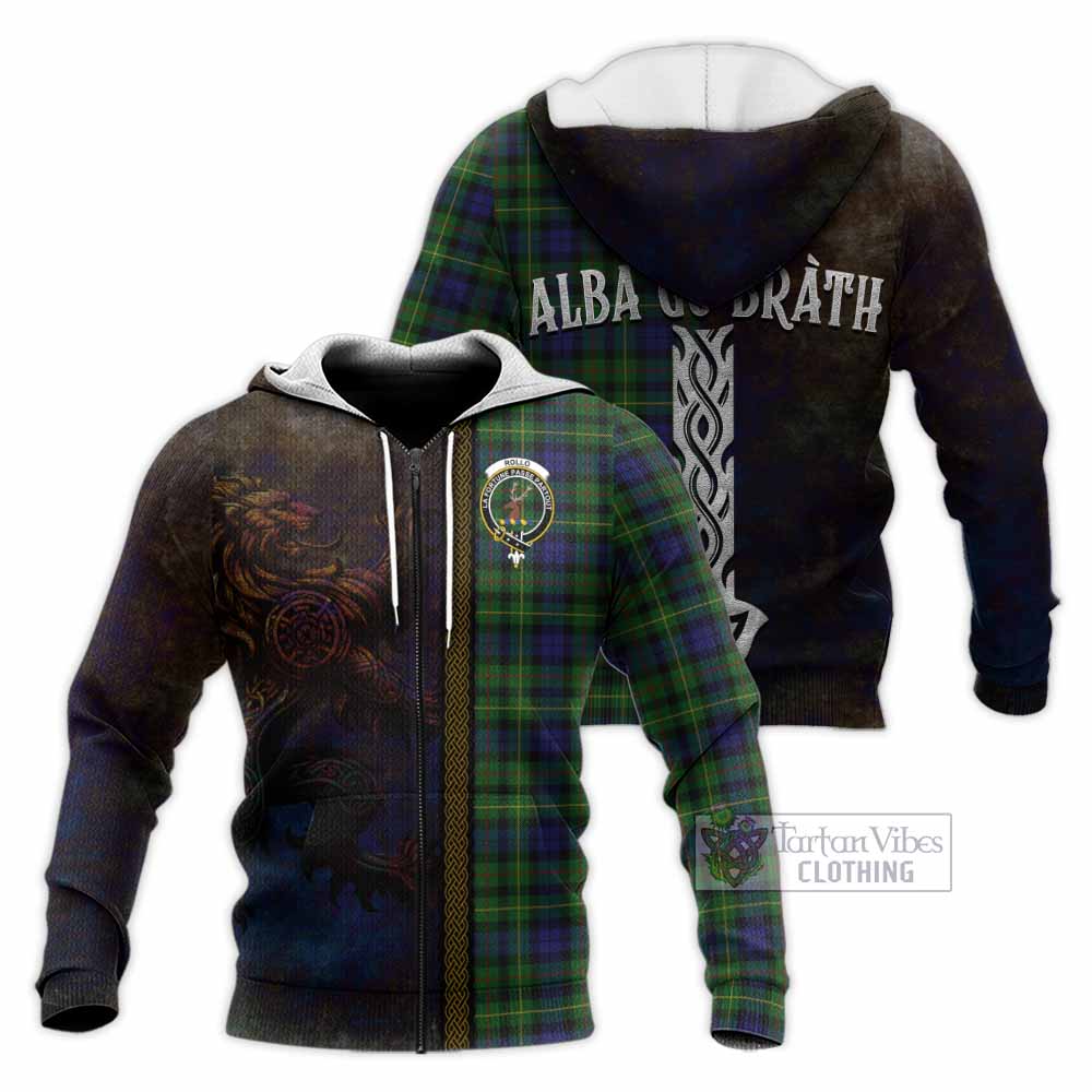 Tartan Vibes Clothing Rollo Tartan Family Crest Knitted Hoodie Alba Gu Brath Be Brave Lion Ancient Style