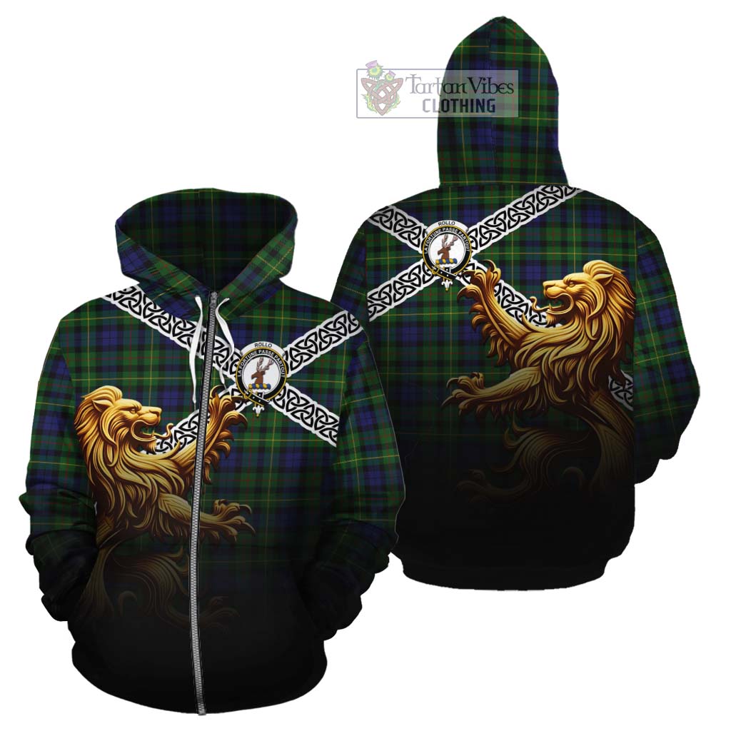 Tartan Vibes Clothing Rollo Crest Tartan Cotton Hoodie with Golden Lion Emblem Celtic Style