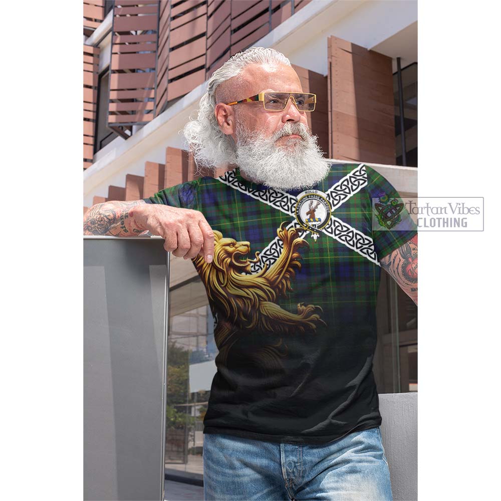 Tartan Vibes Clothing Rollo Crest Tartan Cotton T-shirt with Golden Lion Emblem Celtic Style