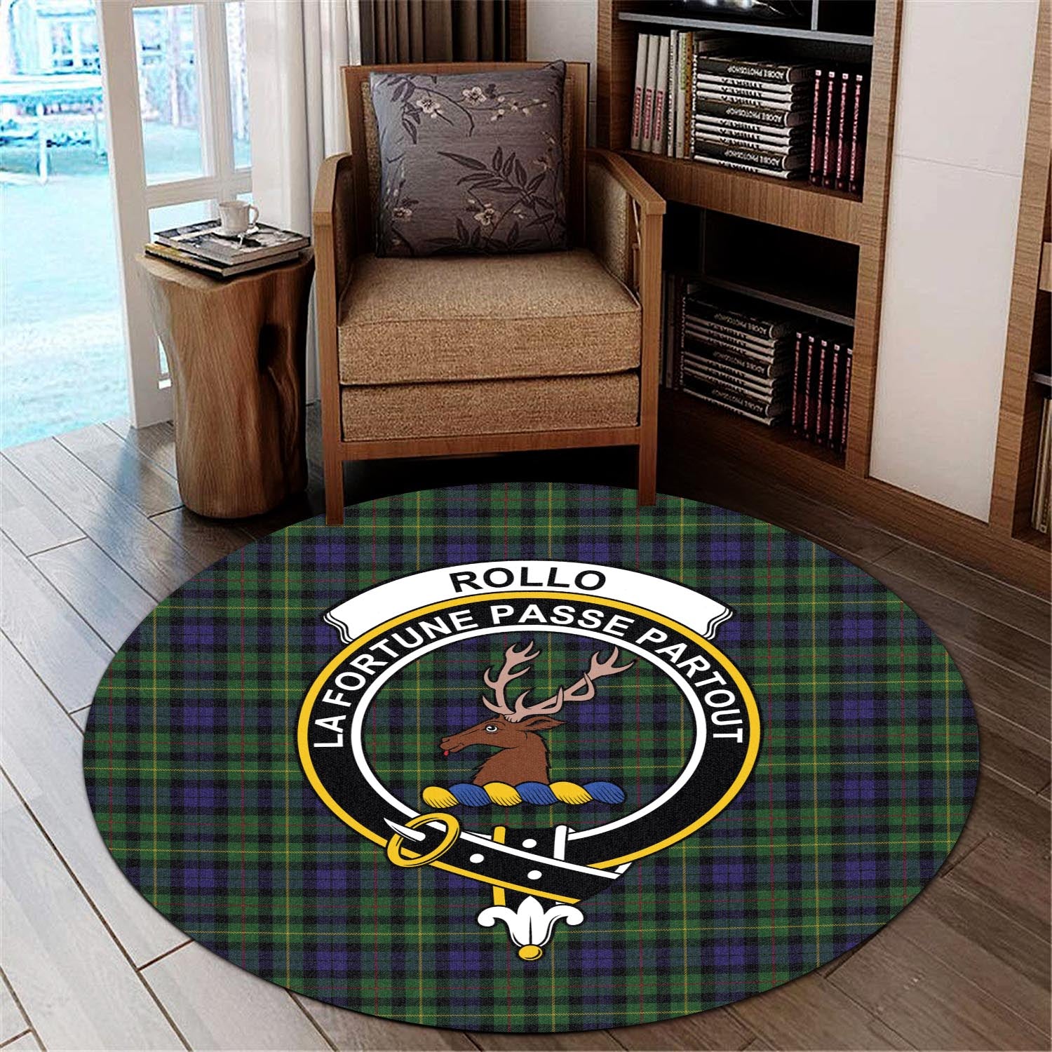 rollo-tartan-round-rug-with-family-crest