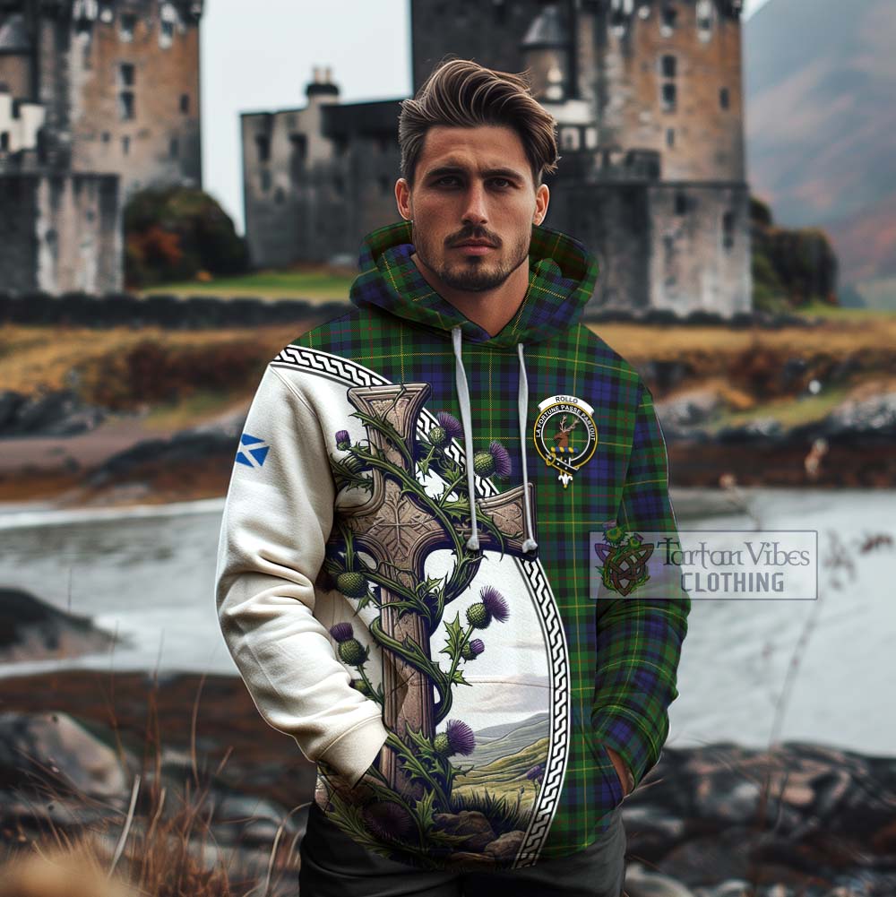 Tartan Vibes Clothing Rollo Tartan Cotton Hoodie with Family Crest and St. Andrew's Cross Accented by Thistle Vines