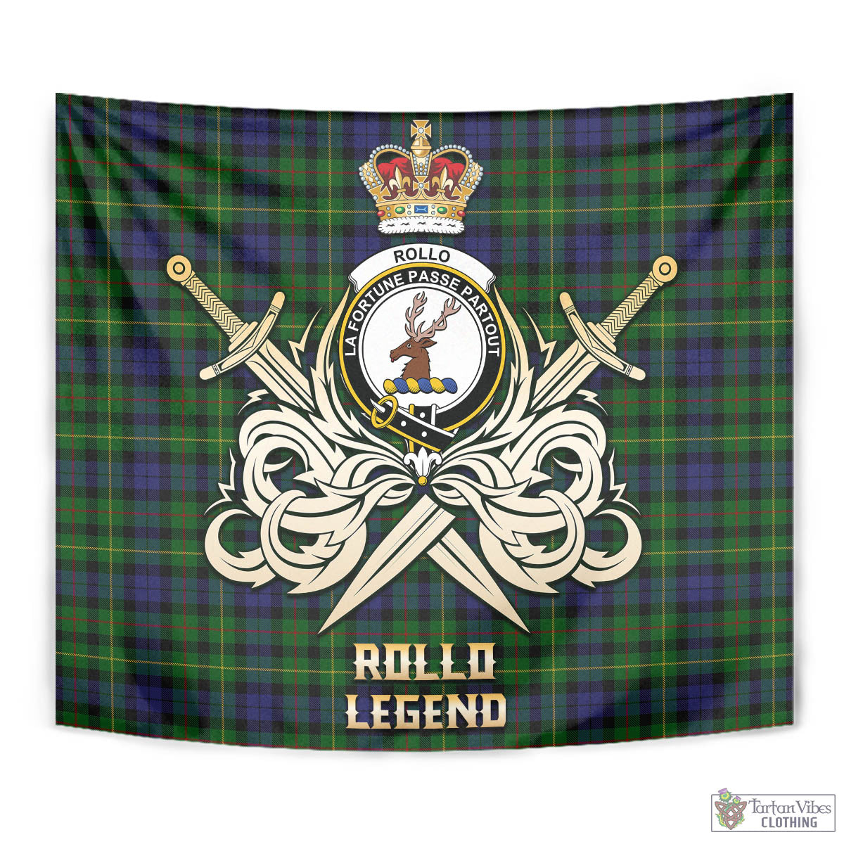 Tartan Vibes Clothing Rollo Tartan Tapestry with Clan Crest and the Golden Sword of Courageous Legacy