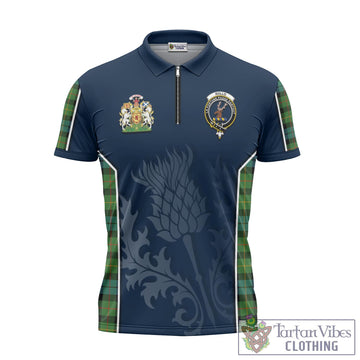 Rollo Ancient Tartan Zipper Polo Shirt with Family Crest and Scottish Thistle Vibes Sport Style