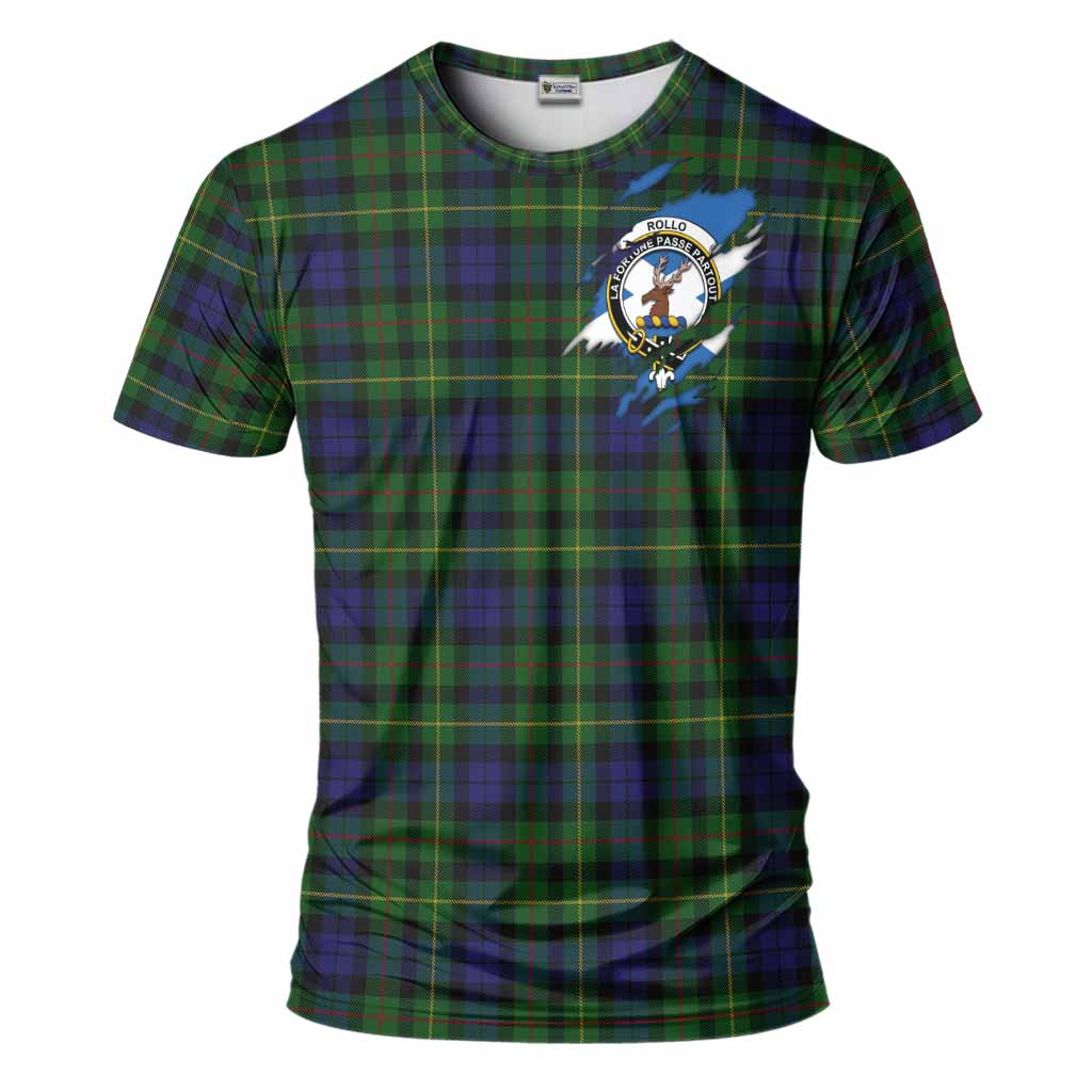 Rollo Clan Crest In Me Tartan T-Shirt Scotland Flag Style