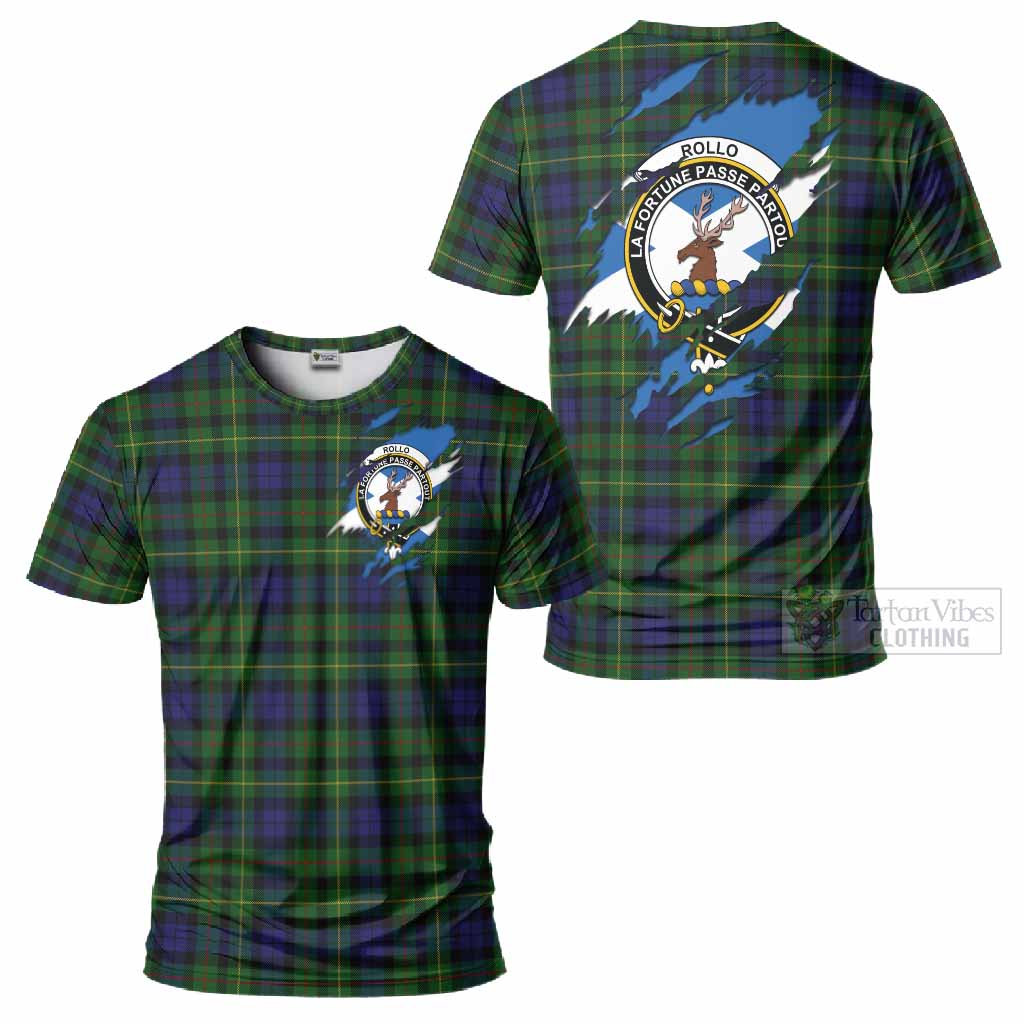 Rollo Clan Crest In Me Tartan T-Shirt Scotland Flag Style