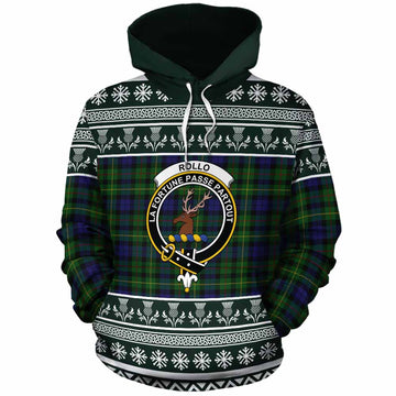Rollo Clan Tartan Christmas Cotton Hoodie with Family Crest