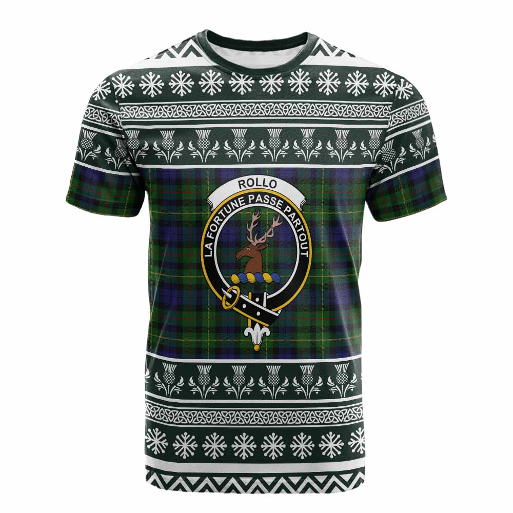 Rollo Clan Tartan Christmas Cotton T-shirt with Family Crest - Tartan Vibes Clothing