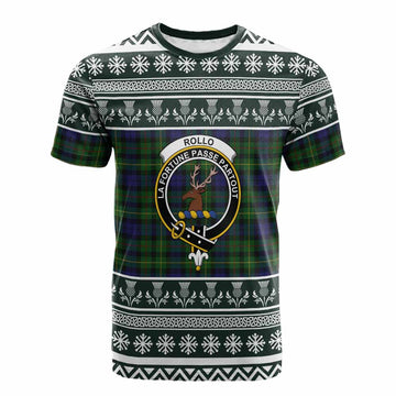 Rollo Clan Tartan Christmas Cotton T-shirt with Family Crest