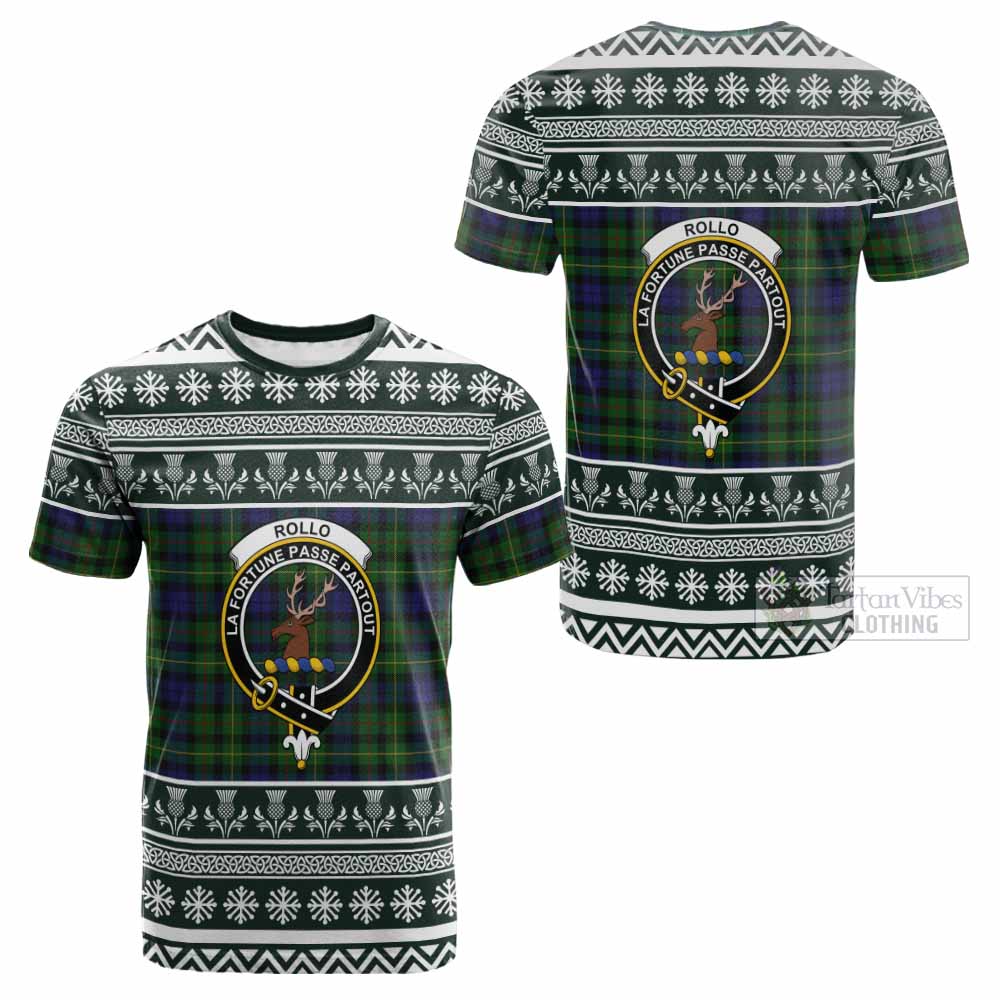 Rollo Clan Tartan Christmas Cotton T-shirt with Family Crest - Tartan Vibes Clothing