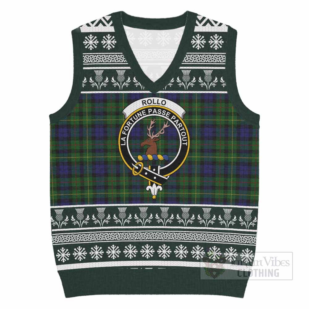 Rollo Clan Tartan Christmas Knitted V-Neck Vest with Family Crest - Tartan Vibes Clothing
