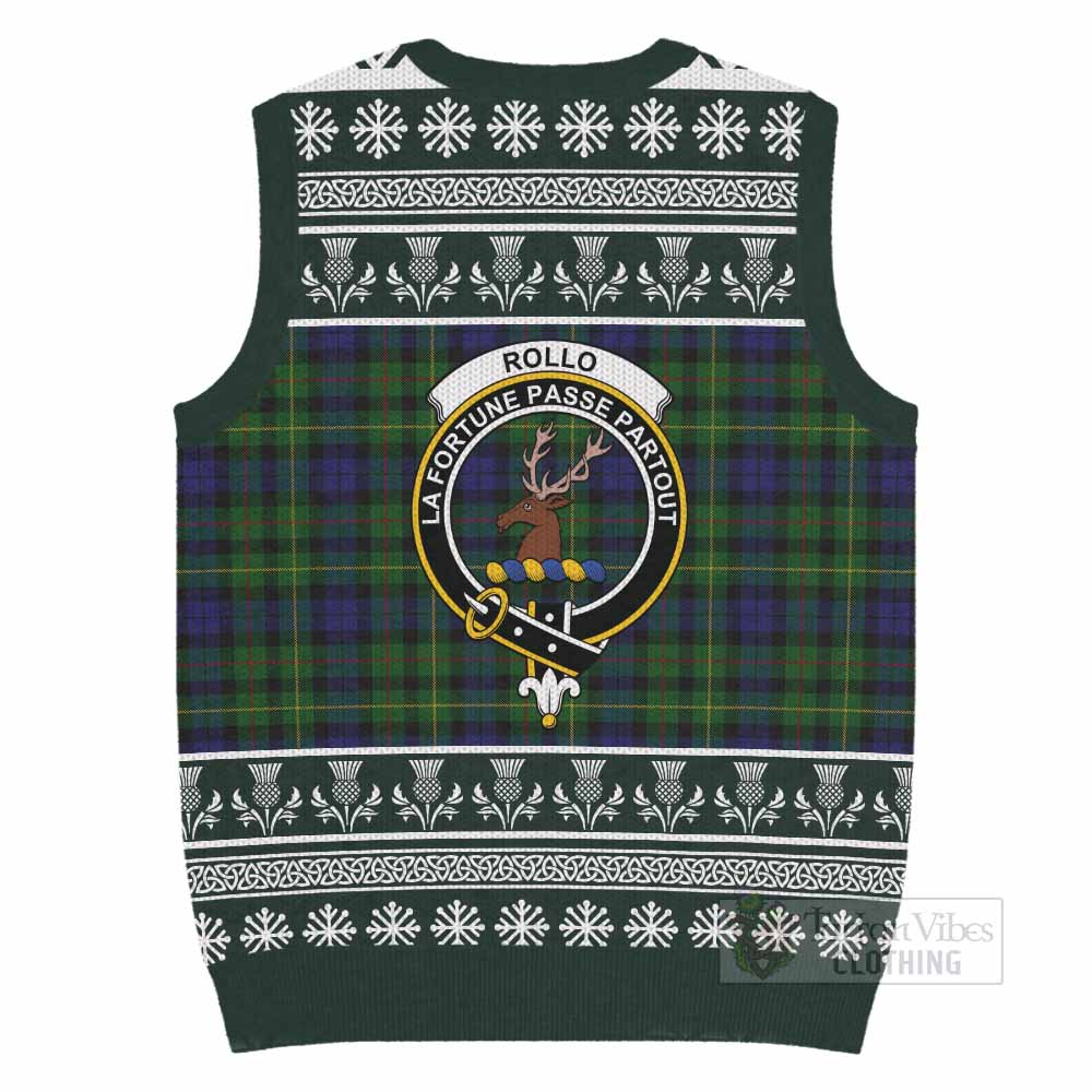 Rollo Clan Tartan Christmas Knitted V-Neck Vest with Family Crest - Tartan Vibes Clothing