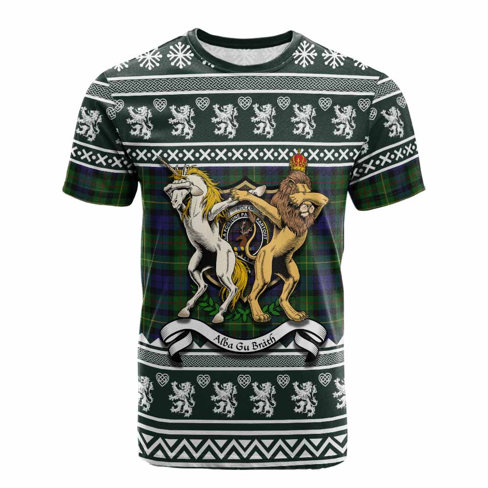 Rollo Clan Tartan Crest Christmas Cotton T-shirt Coat of Arms Funny Style - Tartan Vibes Clothing