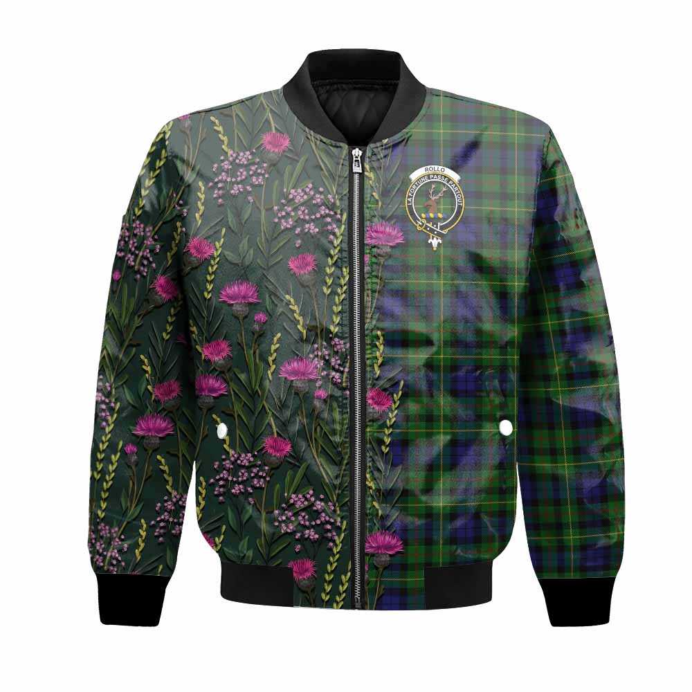 Rollo Family Crest Tartan Bomber Jacket Scottish Thistle Flower Pattern Half Style - Tartan Vibes Clothing
