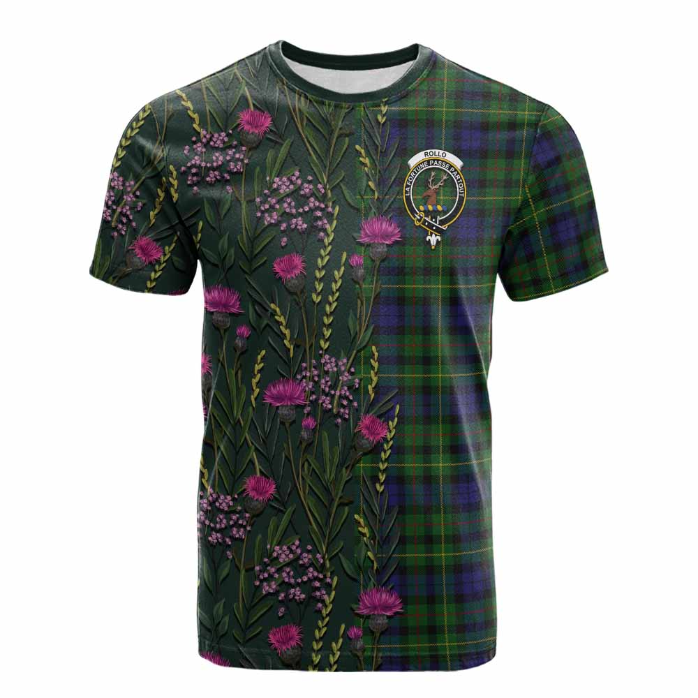 Rollo Family Crest Tartan Cotton T-shirt Scottish Thistle Flower Pattern Half Style - Tartan Vibes Clothing