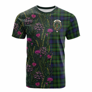 Rollo Family Crest Tartan Cotton T-shirt Scottish Thistle Flower Pattern Half Style