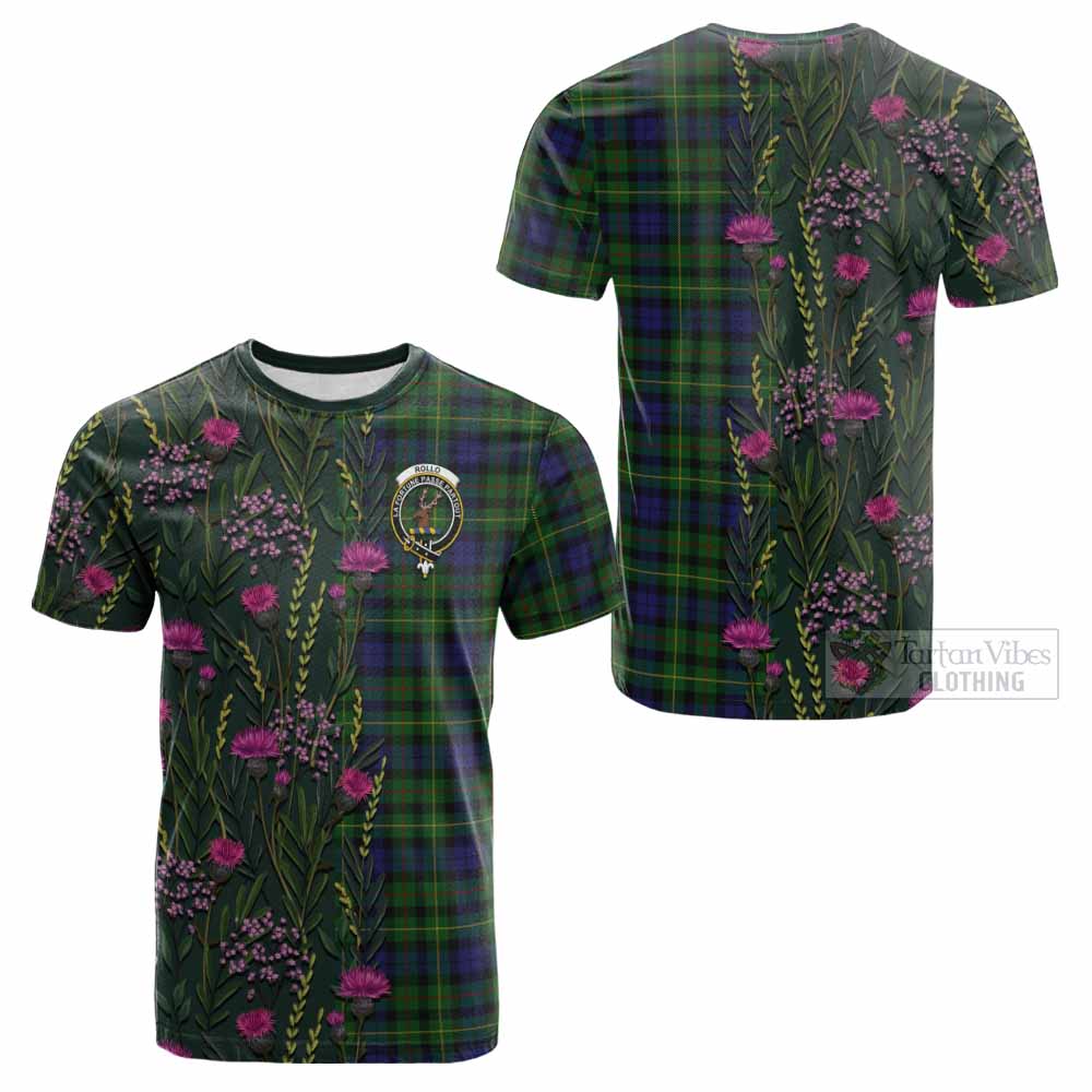 Rollo Family Crest Tartan Cotton T-shirt Scottish Thistle Flower Pattern Half Style - Tartan Vibes Clothing