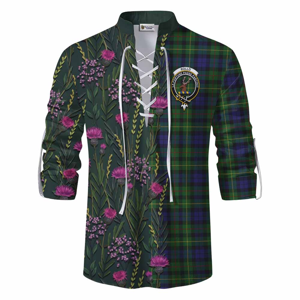 Rollo Family Crest Tartan Ghillie Shirt Scottish Thistle Flower Pattern Half Style - Tartan Vibes Clothing