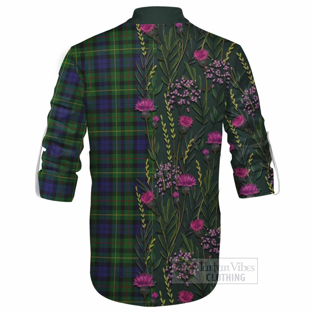 Rollo Family Crest Tartan Ghillie Shirt Scottish Thistle Flower Pattern Half Style - Tartan Vibes Clothing