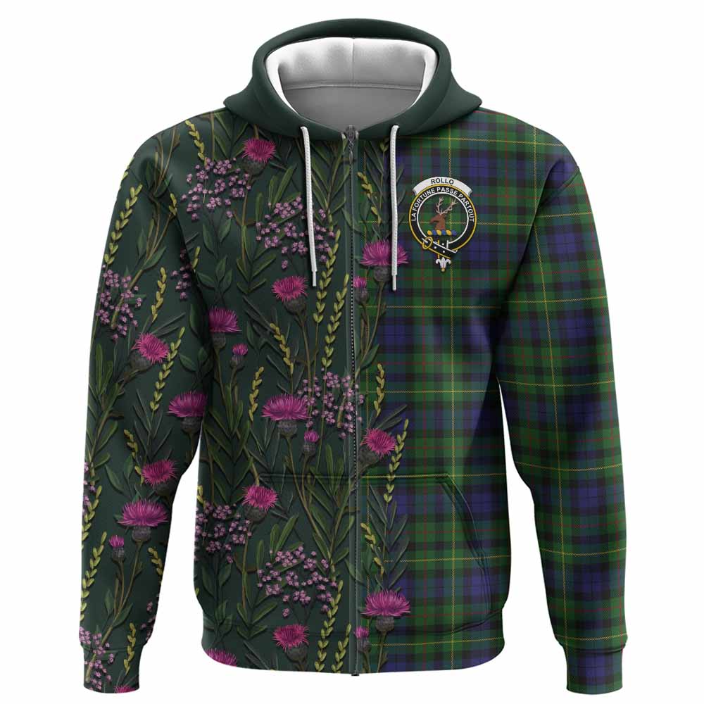 Rollo Family Crest Tartan Hoodie Scottish Thistle Flower Pattern Half Style - Tartan Vibes Clothing