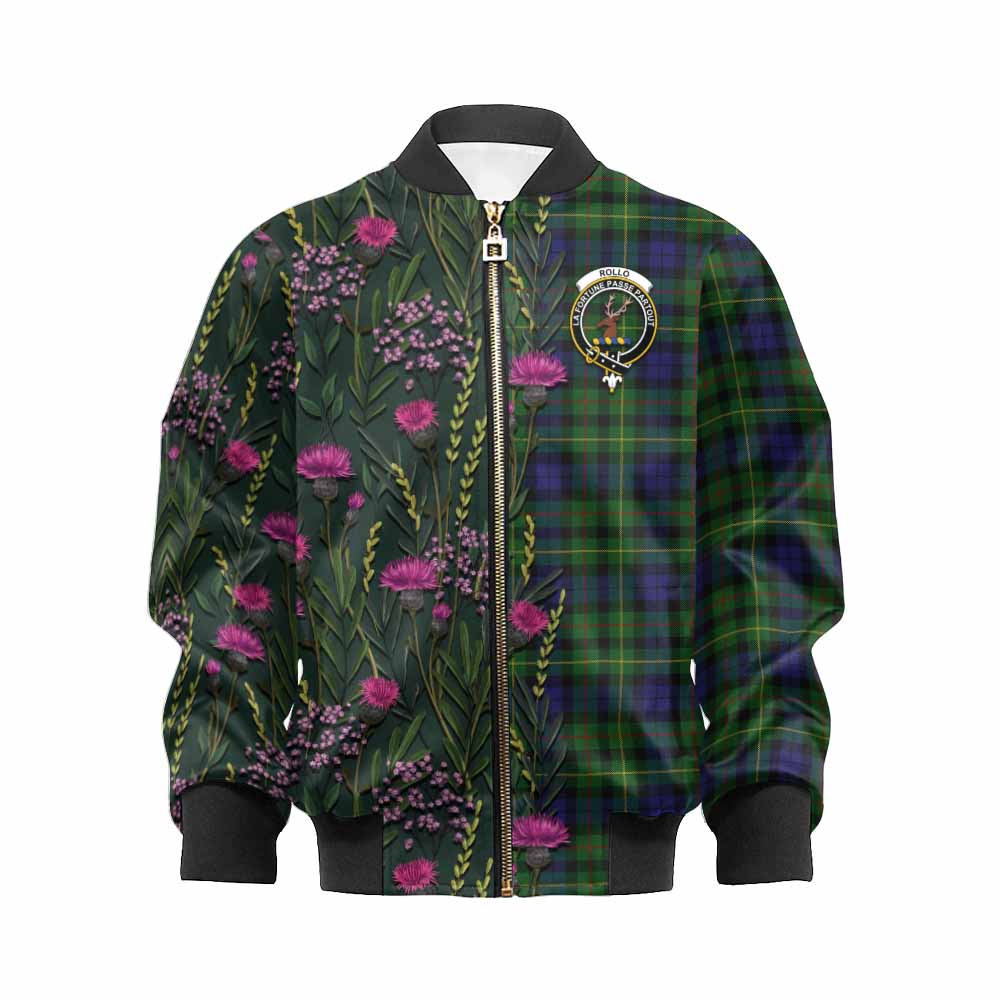 Rollo Family Crest Tartan Kid Bomber Jacket Scottish Thistle Flower Pattern Half Style - Tartan Vibes Clothing