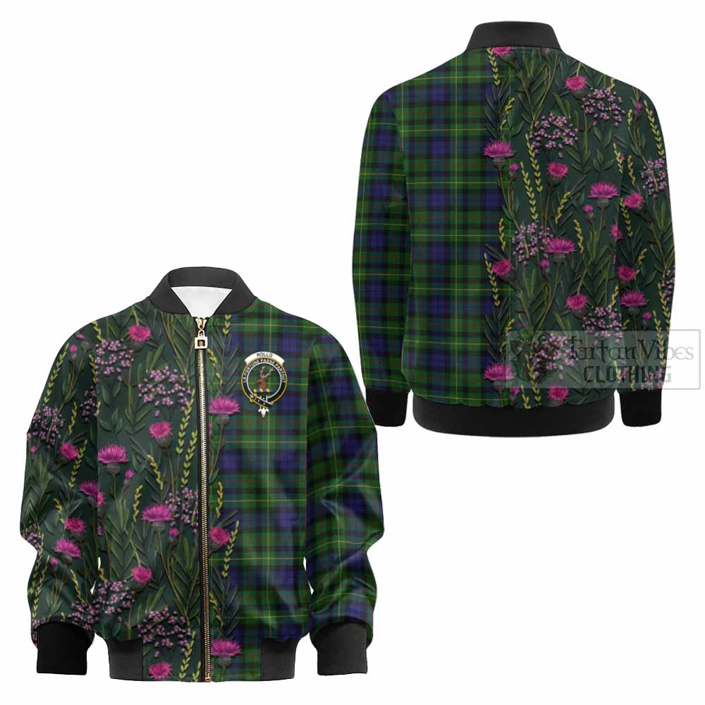 Rollo Family Crest Tartan Kid Bomber Jacket Scottish Thistle Flower Pattern Half Style - Tartan Vibes Clothing