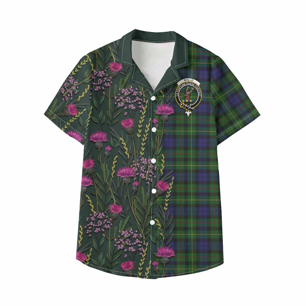 Rollo Family Crest Tartan Kid Hawaiian Shirt Scottish Thistle Flower Pattern Half Style - Tartan Vibes Clothing