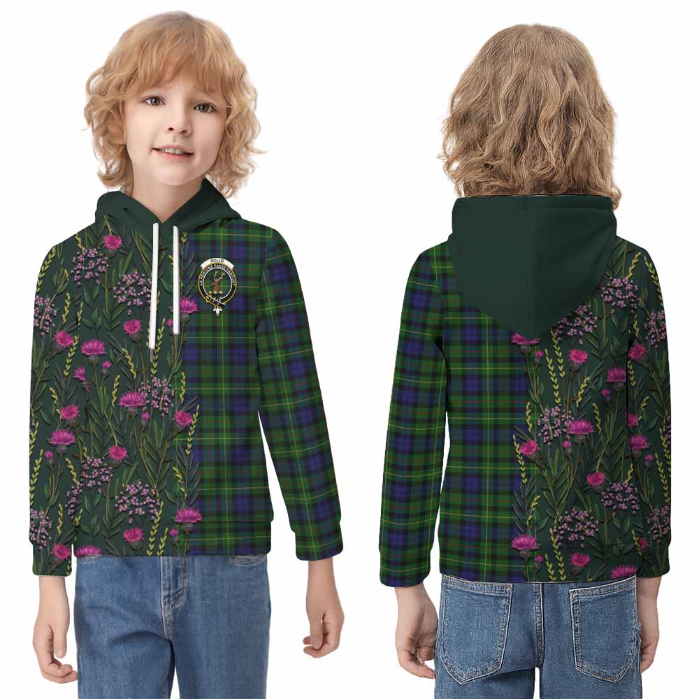 Rollo Family Crest Tartan Kid Hoodie Scottish Thistle Flower Pattern Half Style - Tartan Vibes Clothing