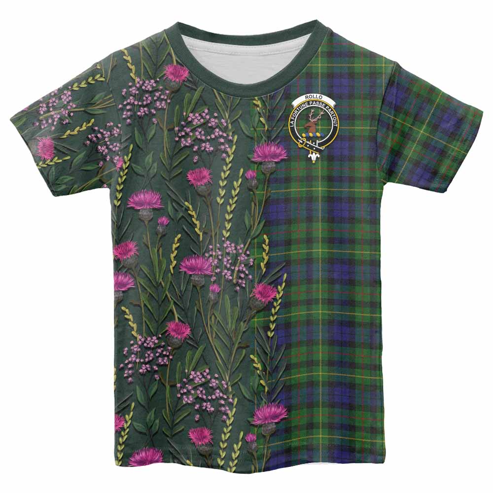 Rollo Family Crest Tartan Kid T-shirt Scottish Thistle Flower Pattern Half Style - Tartan Vibes Clothing
