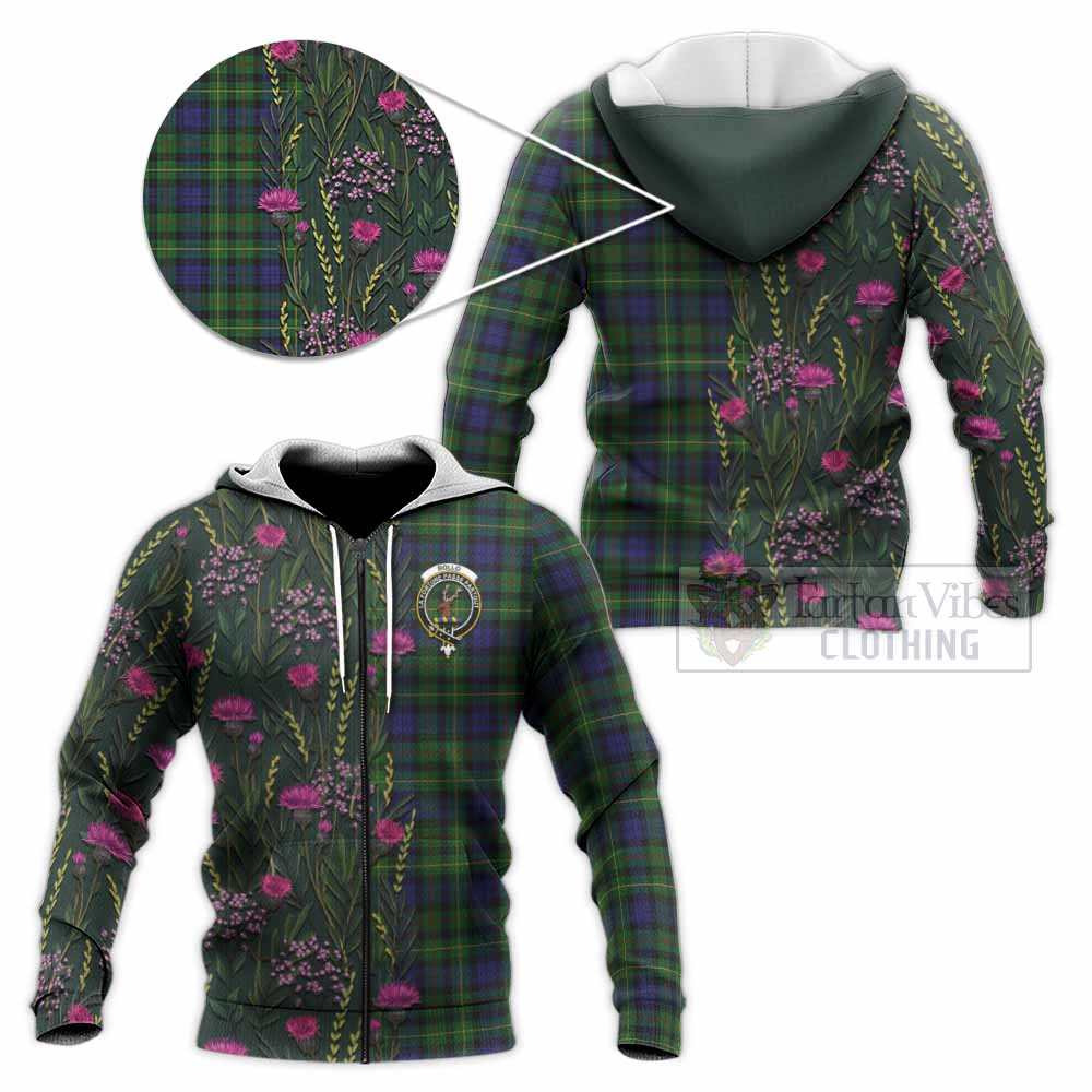 Rollo Family Crest Tartan Knitted Hoodie Scottish Thistle Flower Pattern Half Style - Tartan Vibes Clothing