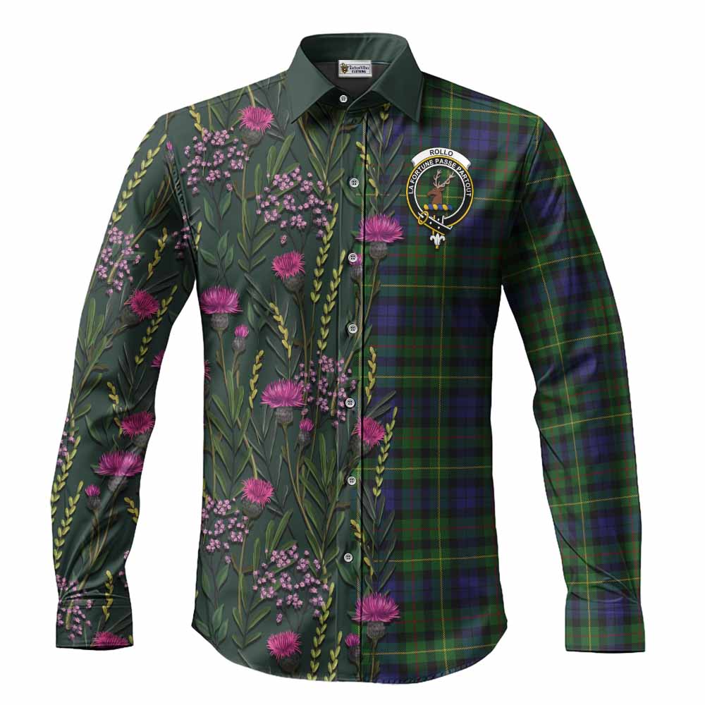 Rollo Family Crest Tartan Long Sleeve Button Shirts Scottish Thistle Flower Pattern Half Style - Tartan Vibes Clothing