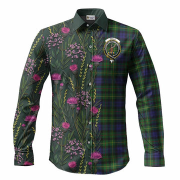 Rollo Family Crest Tartan Long Sleeve Button Shirts Scottish Thistle Flower Pattern Half Style