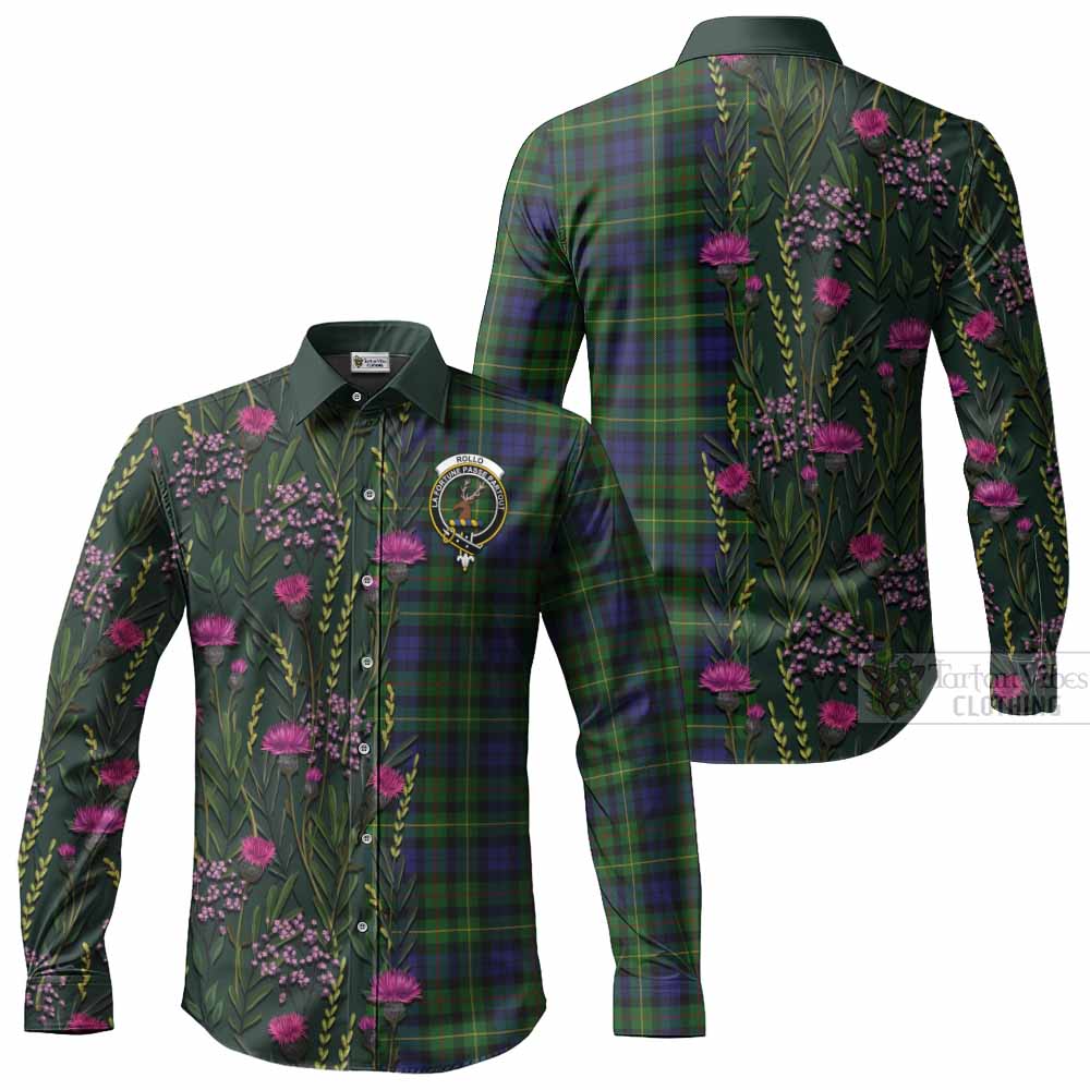Rollo Family Crest Tartan Long Sleeve Button Shirts Scottish Thistle Flower Pattern Half Style - Tartan Vibes Clothing