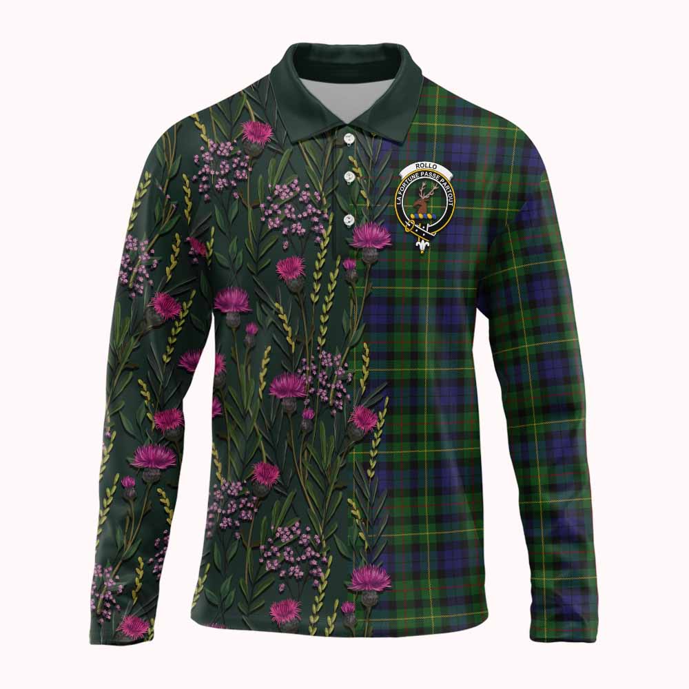 Rollo Family Crest Tartan Long Sleeve Polo Shirt Scottish Thistle Flower Pattern Half Style - Tartan Vibes Clothing
