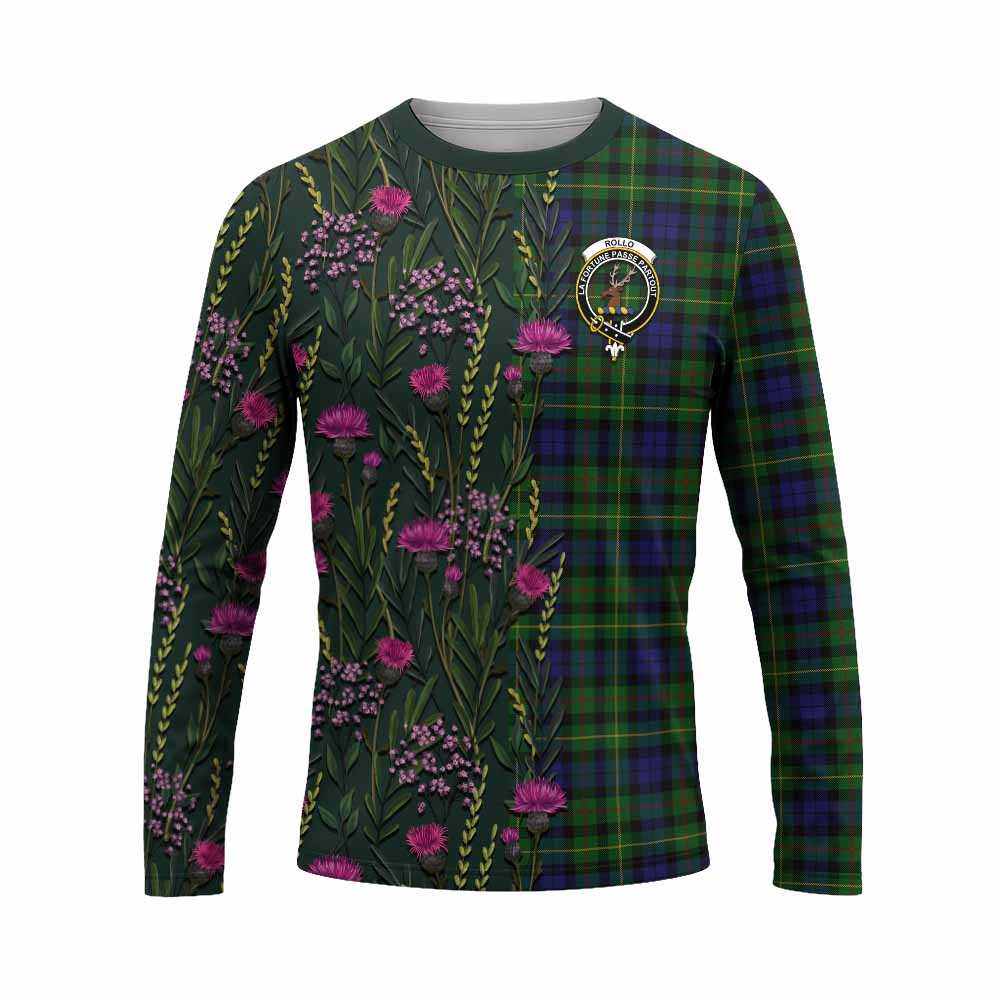 Rollo Family Crest Tartan Long Sleeve T-Shirt Scottish Thistle Flower Pattern Half Style - Tartan Vibes Clothing