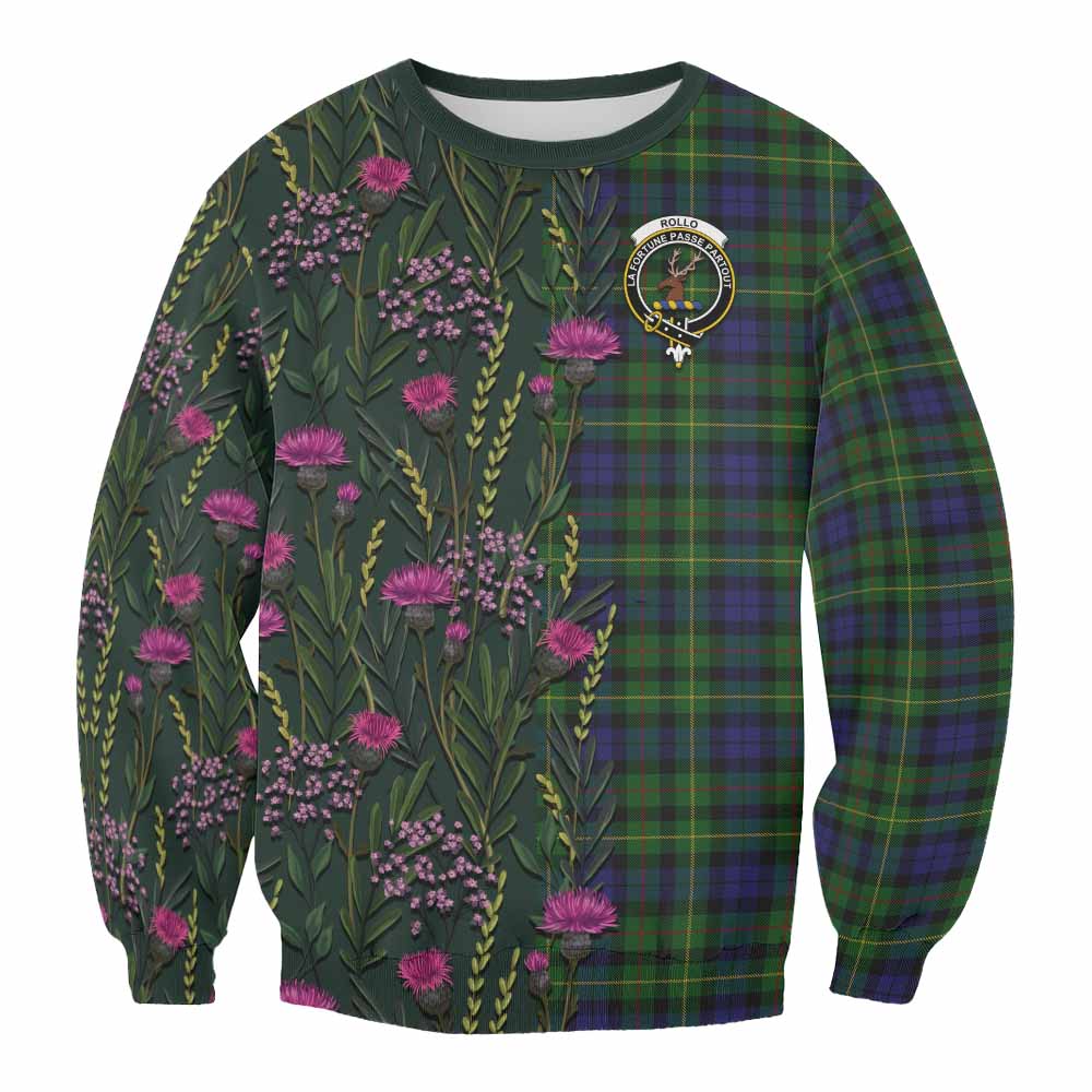 Rollo Family Crest Tartan Sweatshirt Scottish Thistle Flower Pattern Half Style - Tartan Vibes Clothing
