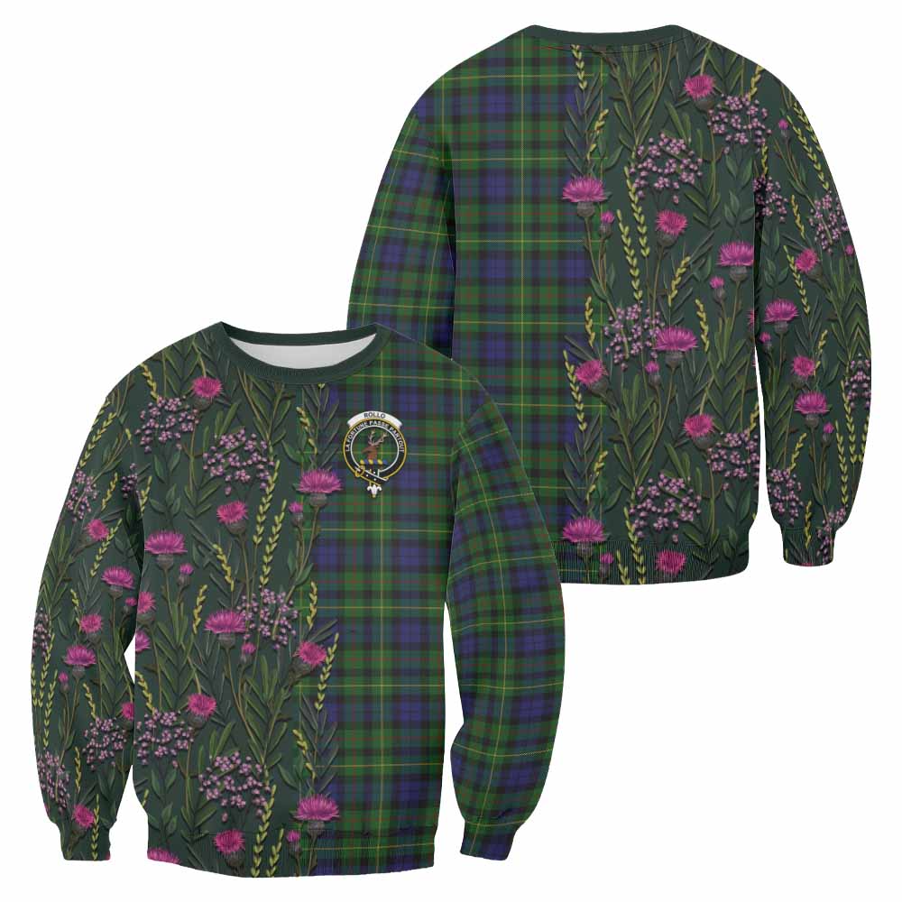 Rollo Family Crest Tartan Sweatshirt Scottish Thistle Flower Pattern Half Style - Tartan Vibes Clothing