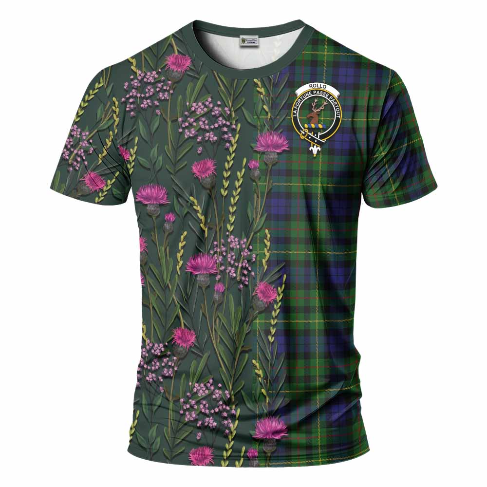 Rollo Family Crest Tartan T-Shirt Scottish Thistle Flower Pattern Half Style - Tartan Vibes Clothing