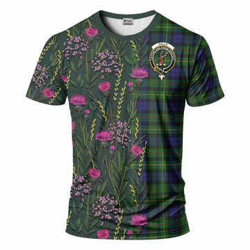 Rollo Family Crest Tartan T-Shirt Scottish Thistle Flower Pattern Half Style - Tartan Vibes Clothing