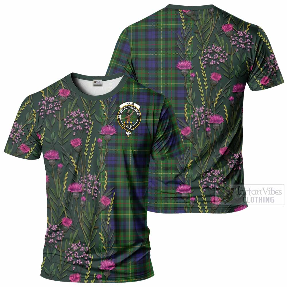 Rollo Family Crest Tartan T-Shirt Scottish Thistle Flower Pattern Half Style - Tartan Vibes Clothing