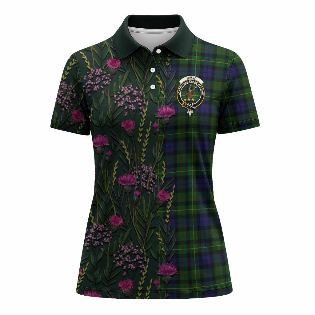 Rollo Family Crest Tartan Women Polo Shirt Scottish Thistle Flower Pattern Half Style - Tartan Vibes Clothing