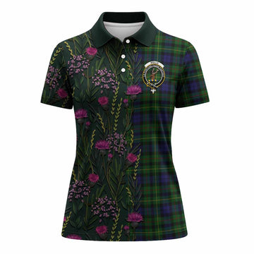 Rollo Family Crest Tartan Women Polo Shirt Scottish Thistle Flower Pattern Half Style