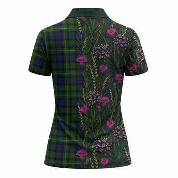 Rollo Family Crest Tartan Women Polo Shirt Scottish Thistle Flower Pattern Half Style