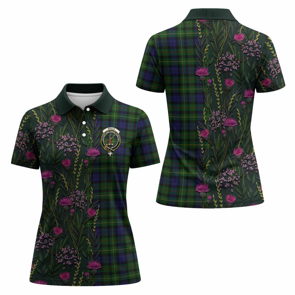 Rollo Family Crest Tartan Women Polo Shirt Scottish Thistle Flower Pattern Half Style - Tartan Vibes Clothing